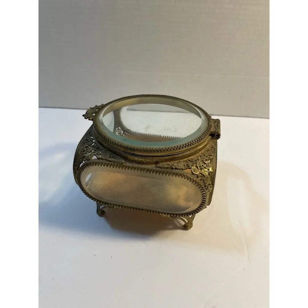 Vtg Gold Tone Beveled Glass Jewelry Box/Casket. 4 Sided